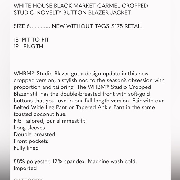 nwt  WHITE HOUSE BLACK MARKET studio cropped novelty blazer - Picture 6 of 6